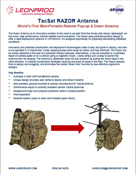 JGW is the official US distributor of Leonardo MW antenna systems. These antennas utilize the latest technology, while reducing the overall burden of the warfighter through their lightweight and user-friendly designs. Contact us for more information on #LeonardoMW antenna systems
