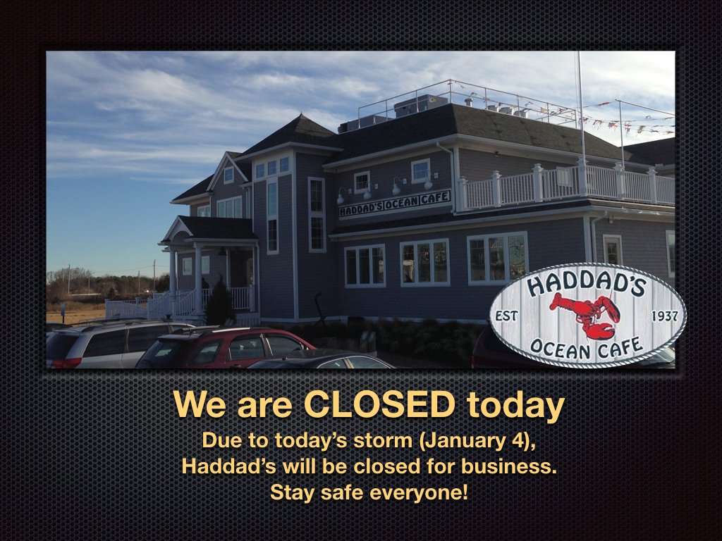 HaddadsOCafe's tweet photo. Due to today's storm (January 4), Haddad's is closed for business.
Stay safe everyone! https://t.co/33NzB2HrLt