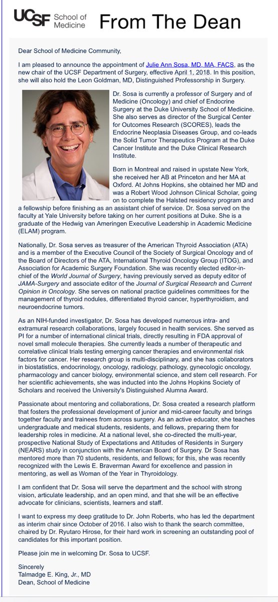 PheoSurgeon's tweet photo. Best news of the year! @Jasosamd appointed new #ChairofSurgery at @UCSF #ILookLikeASurgeon #womeninmedicine @WomenSurgeons, @DukeSurgery, @Yale, @hopkinssurgery , @Princeton , and @UniofOxford will be proud! I know I am!!! Congratulations! I cannot think of a more perfect match! https://t.co/G5hisUGDcU