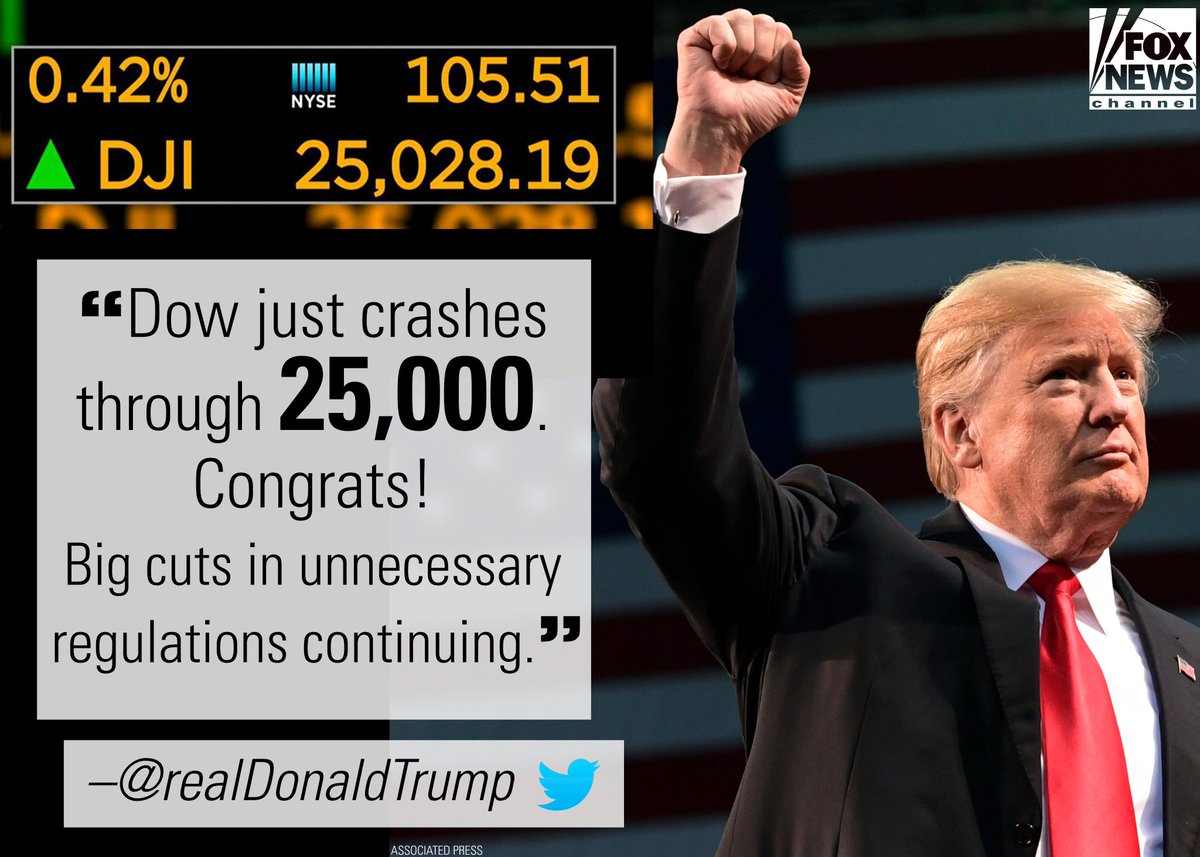 KatTheHammer1's tweet image. "Dow just crashed through 25,000 Congrats! Big cuts in unnecessary regulations continuing." 

 ~ @realDonaldTrump   #Winning