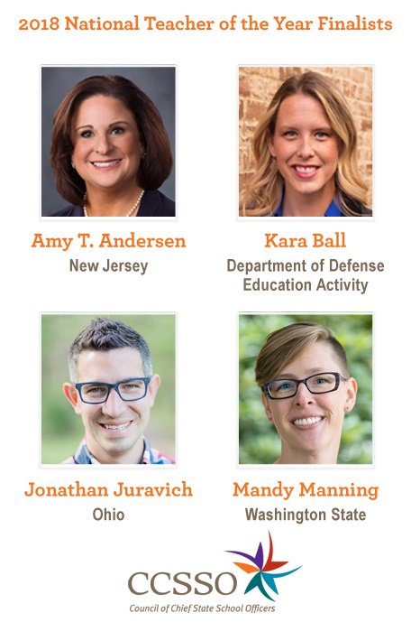 NBPTS's tweet photo. One of these 4 teachers will be named 2018 National Teacher of the Year! Meet the four finalists, including some NBCTs! #ntoy18 @MandyRheaWrites  @ontheBalledu https://t.co/hiFW083MIr https://t.co/2RtJQy6ZwO