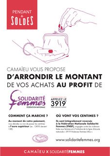 « Agir avec et pour elles » Camaïeu#Solidarité Femmes. Arrondir le montant d'achats soldés pour les actions femmes victimes de violences, en particulier conjugales. A partir du 4 janvier, région Est +Monaco, le 11 janvier France entière. Un Petit geste pour un grand soutien!
