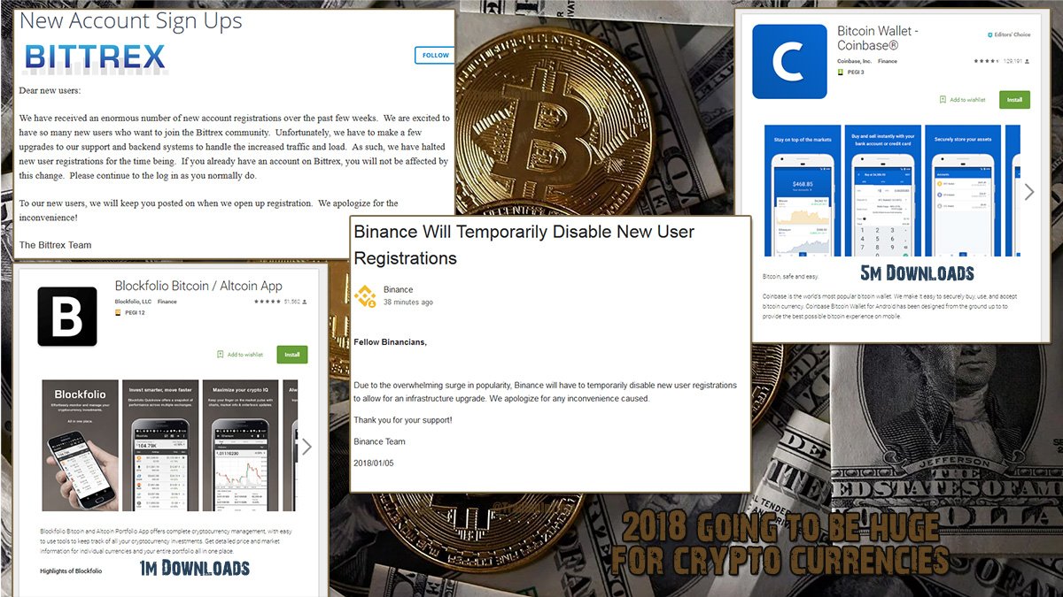 TradinginTime's tweet photo. #CryptoCurrency & #Altcoin Exchanges struggling with volumes
#Bittrex
#Binance
#Bitfinex
#Cryptopia
#Liqui
#Coss
#hitBTC
#BlockFolioapp servers crashing
#CoinBase number 1 downloads
Life is going to be #Awesome in the #cryptosphere
2018 sheer volume of New Investors is staggering https://t.co/2EUOKaHGZz