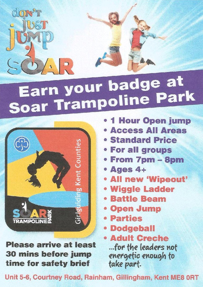 GGKentWeald's tweet photo. Need ideas for this term? Don't just jump...soar! Get your special Girlguiding Badge (and deal) from @SoarTP in Gillingham. Leaders can jump or they can relax in the adult creche! #wigglebridge #battlebeam #jump #soar https://t.co/AnkNQ4bHLB https://t.co/UxqYNZuHJ5