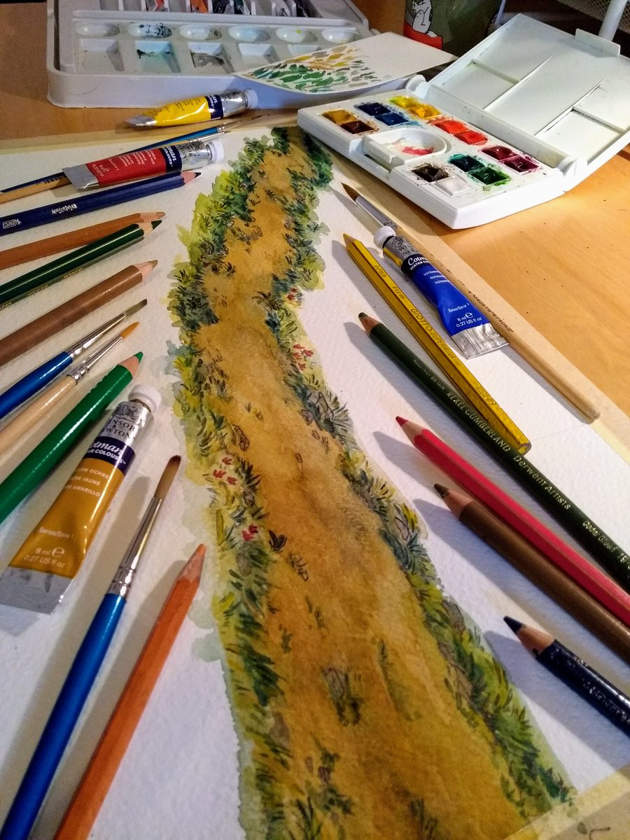 Cornopardo's tweet photo. *me trying to master the High technique of taking pretty instagram pictures of my artworks*

#sellingsunlight #wip #watercolors #indiegame #environment https://t.co/FtMUgZAlVv