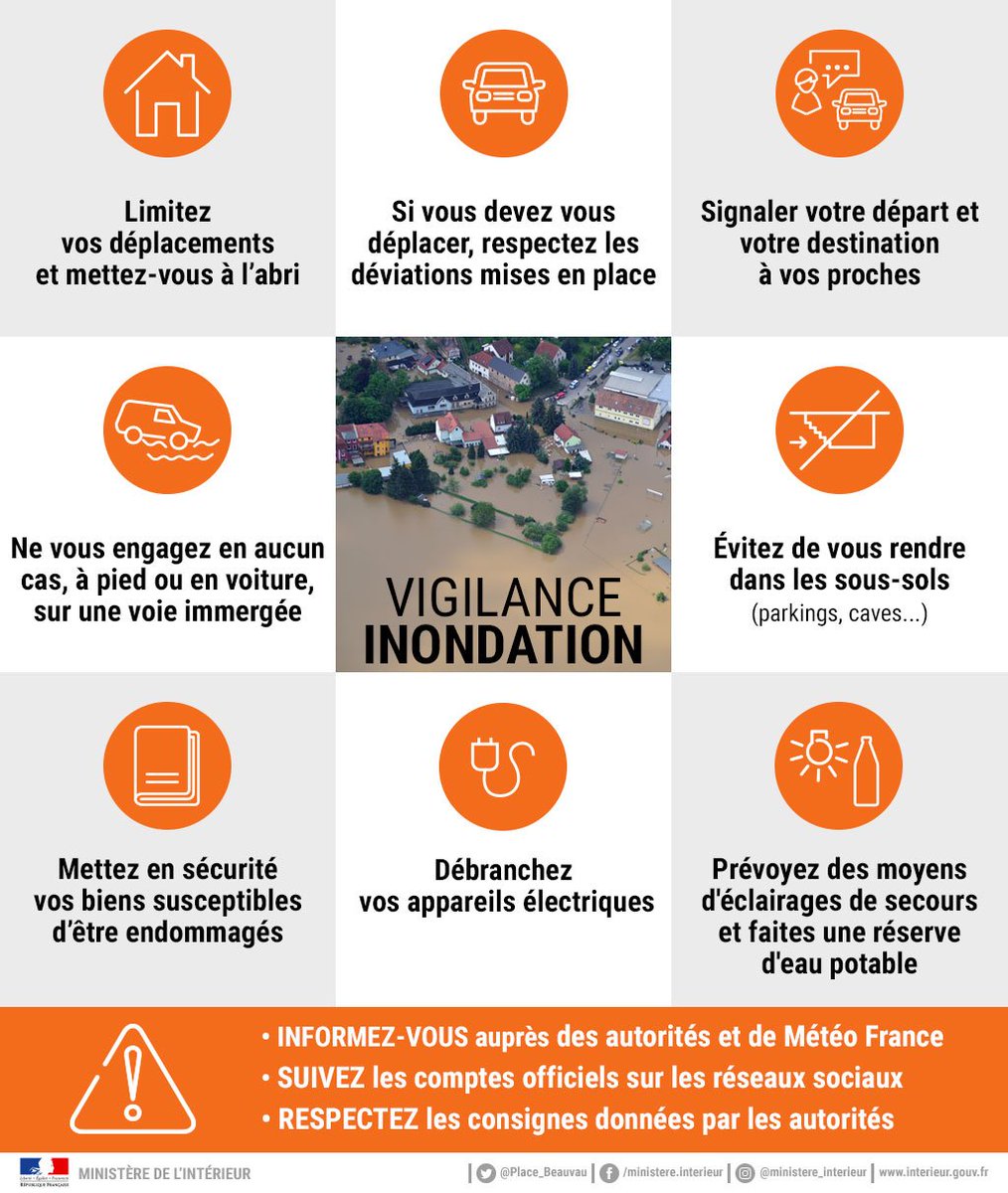 Prefet19's tweet image. ⚠️ Une partie du département de la #Corrèze est placé en #Vigilanceorange Crues. Tronçons Vézère amont / aval / Dordogne amont concernés par ce phénomène.
Soyez prudents. Évitez les déplacements près des rivières. 
Suivez l'évolution via VigiCrues 👉 bit.ly/2BhWnAe