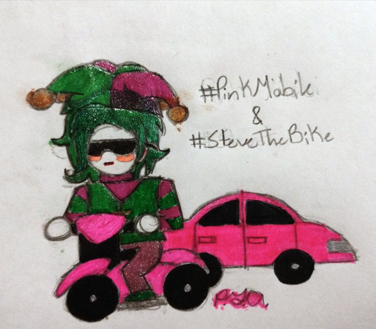 Dragonkitty_art's tweet photo. From the creators of "HEY DUDE I HAVE A GREEN CAR :DD", I present you "Pink Mobile and Steve the Bike"!! 

I'm just happy that in some way I formed part in the creation of these three things, ah <3

#PinkMobile
#SteveTheBike

#PFA https://t.co/2btjGhYItv