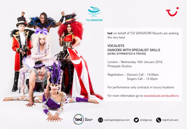 tedgroup's tweet photo. **Audition Announcement**
Wednesday 10th January – Pineapple Studios, London
Registration Dancers – 10.00am
Registration Vocalists – 12.00pm
For audition requirements, please visit https://t.co/vsEtFVUJ2b.
#Gottadance #Sensatori #tedcast https://t.co/FQAnG4EVT1