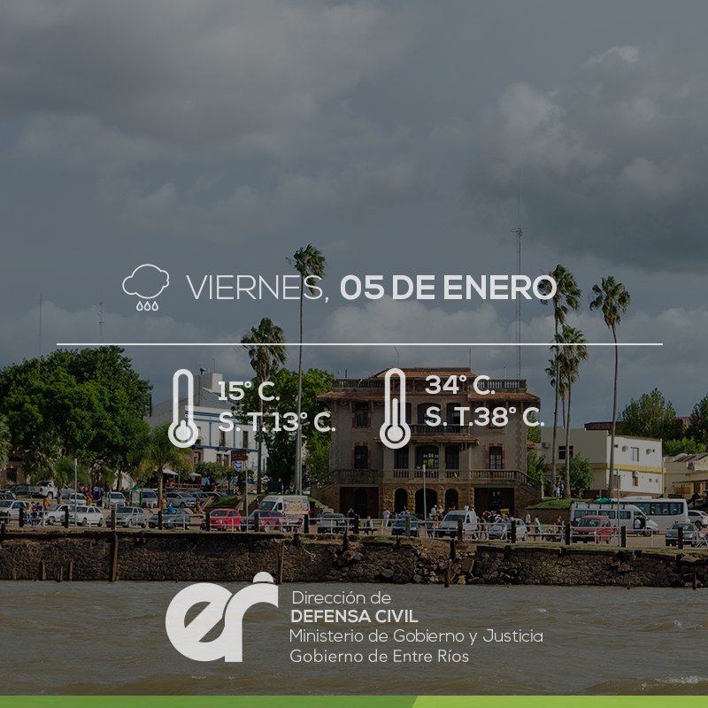 DefensaEr's tweet photo. Temperatura Mínima pronosticada: entre 15 y 20° C. / S. T. mínima: 13 a 18° C.
Menores sobre el Sur de la pcia.
Temperatura Máxima pronosticada: entre 24 y 34° C. / S. T. máxima: 23 a 38° C.
Mayores sobre el Norte de la pcia. 
https://t.co/telZF7pV2Z https://t.co/S8KXInoczD