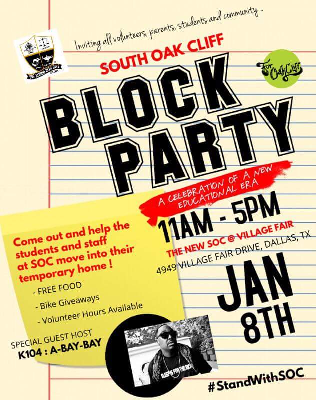 coach_traylor's tweet photo. You are welcome to come to the block party live at the new South Oak Cliff HS @ Village Fair Center! Come out and support us as we break in our new temporary home! https://t.co/S9Tmg4R43P