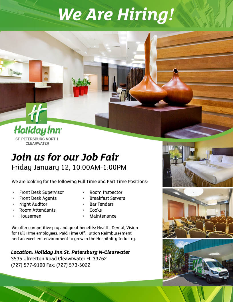 HolidayInnPIE's tweet image. Now HIRING! Please join us on January 12, here at Holiday Inn SPC in #ClearwaterFL for our Job Fair. Competitive pay, great benefits and a chance to grow within the hospitality industry. #VisitClearwaterFL #ClearwaterFL #ClearwaterBeach #HolidayInn #JobFair