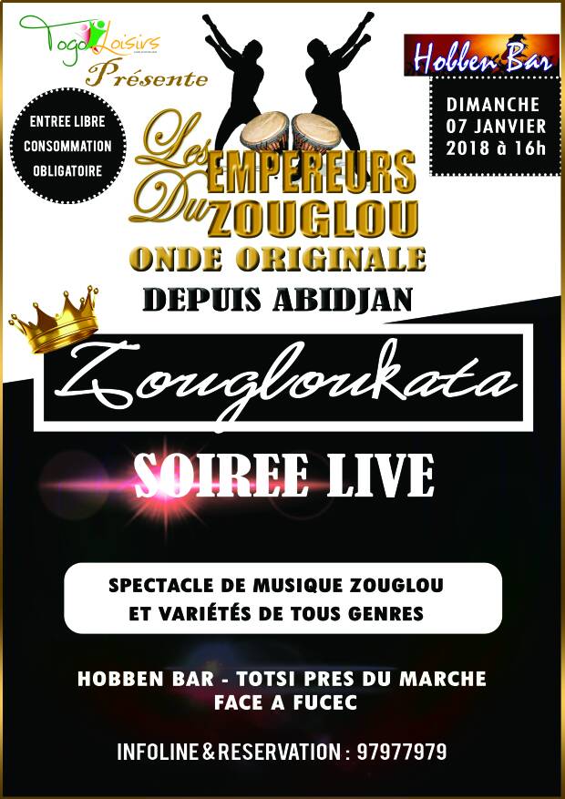 rogerkpakote's tweet photo. Grande soirée live zouglou et variétés de tous genres.. Dimanche 07 Jan 2018 à Hobben Bar Totsi face FUCEC #togoevents #togoloisirs #Togo https://t.co/ULVhzBzmaT