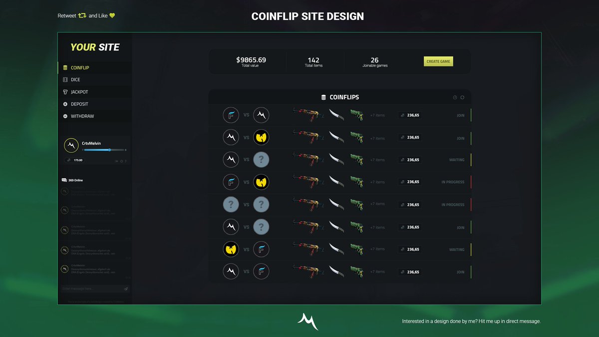 DhrMelvin's tweet photo. Made this CSGO COINFLIP SITE design! 🔁 and ❤️ please! https://t.co/zVKSrIspSK
