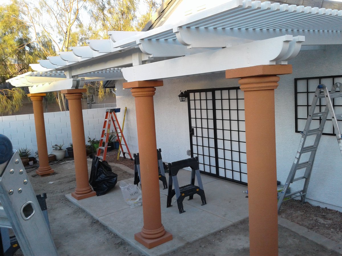 BellaPatioLV's tweet photo. We are loving how the columns on this new patio build came out. Did you know that you can get different columns than the standard alumawood ones? Call us to schedule an appointment for your free in-home estimate. (702) 463-7499 https://t.co/rQIeVXW02M