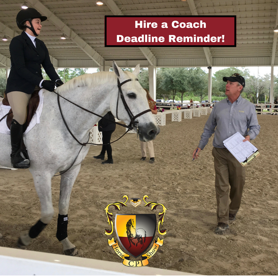 CPIHorseShow's tweet photo. Tomorrow, Friday, Jan. 5 is the deadline to register for the "Hire a Coach" option @CPIHorseShow Visit: https://t.co/xGeJDi5QqA
All riders must have a #trainer onsite or 'hire a coach' #cpiflorida #ridecpi #cpihorseshow #horseshow #college #prep #riding #equestrian #equitation https://t.co/9coOuUKRxg