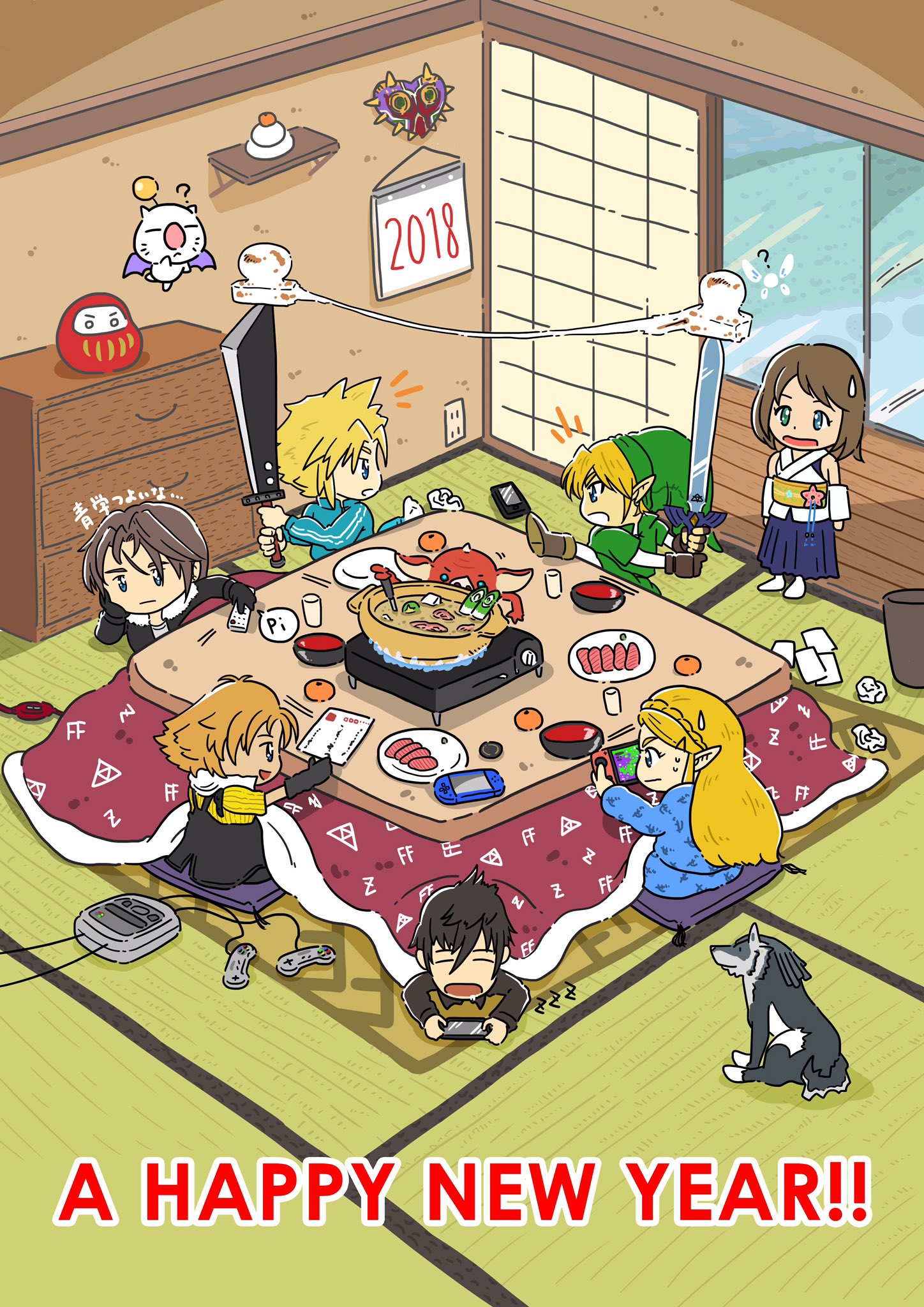 常盤クニオ イラストレーター Ffとゼルダでお正月 完全に趣味で描いた年賀イラストです クラウドとゼルダの服がダサいのがポイント クラウド リンク ティーダ ゼルダ スコール ユウナ ノクティス ウルフリンク モーグリ Ff30th