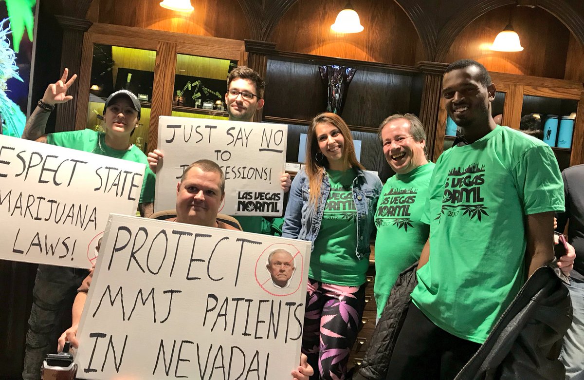 Las Vegas NORML showed up in full force today with @tsegerblom and @repdinatitus to protest Jeff Sessions ending the #ColeMemo! With support from our representatives, #Nevada will continue to be a legal #cannabis state! #JustSayNoToSessions