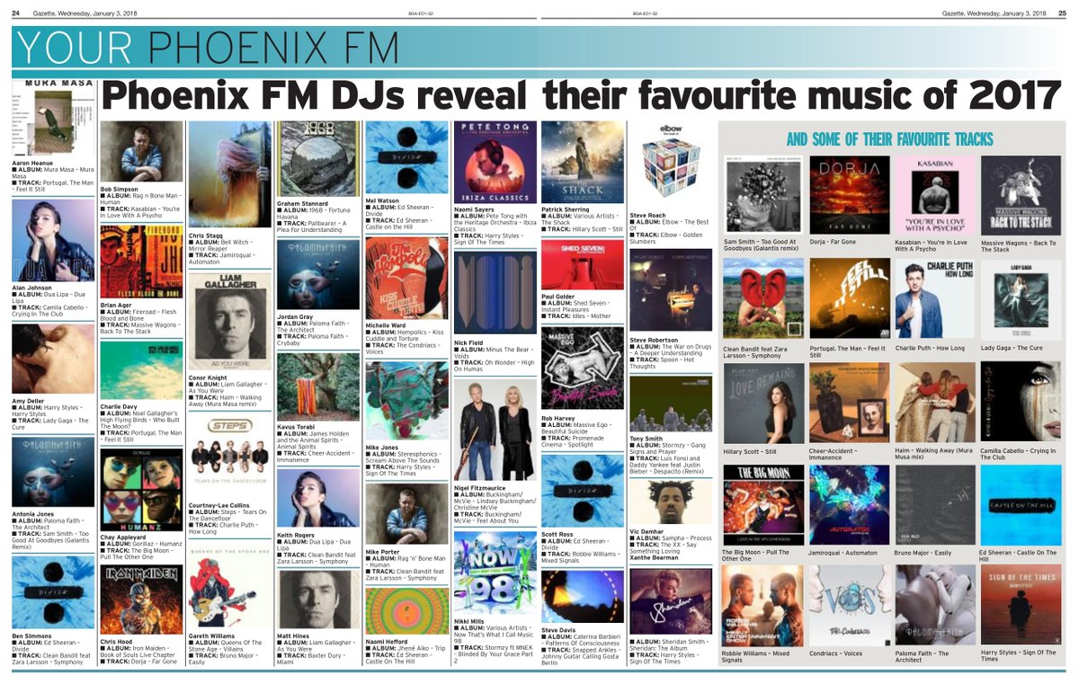 Big two page spread in this week's #Brentwood Gazette highlighting all of our favourite albums and tracks of 2017!  You can read them all here too: phoenixfm.com/2017/12/03/pre…