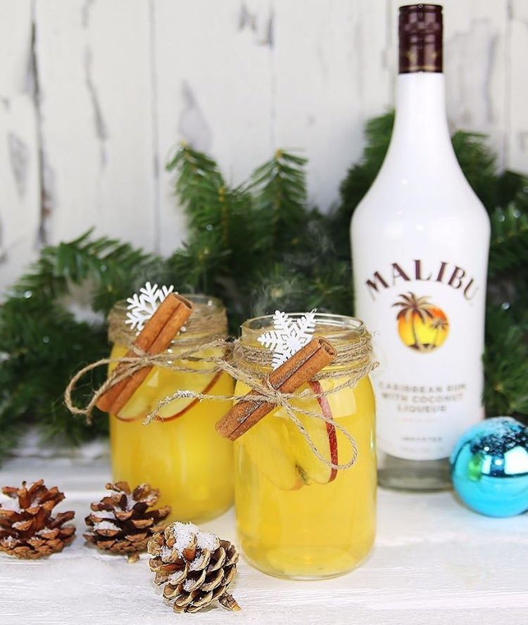 MalibuDrinksUS's tweet photo. It’s cold outside. Make it feel like summer inside with a Hot Malibu Apple Strudel ❄️🍎 Add 1 part #MalibuRum and 2 parts warm apple juice into a jar. Garnish with cinnamon sticks and apple wedges! #BombCyclone https://t.co/2f8mmhNMas