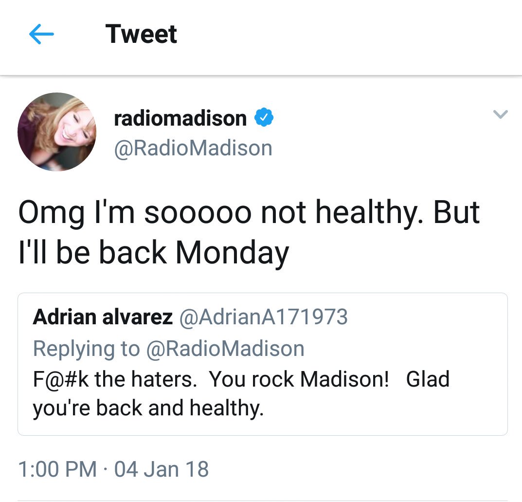 Lithium34_Fan's tweet photo. @SIRIUSXM @SXM_Help why are you going to let @RadioMadison return to work when she's "sooooo not healthy?" Nobody wants to listen to her complain about being sick and we all know she's going to do that, incessantly. Keep her off of @sxmLithium and @altnation! #KeepMadisonAway https://t.co/mt9nEVVZyS