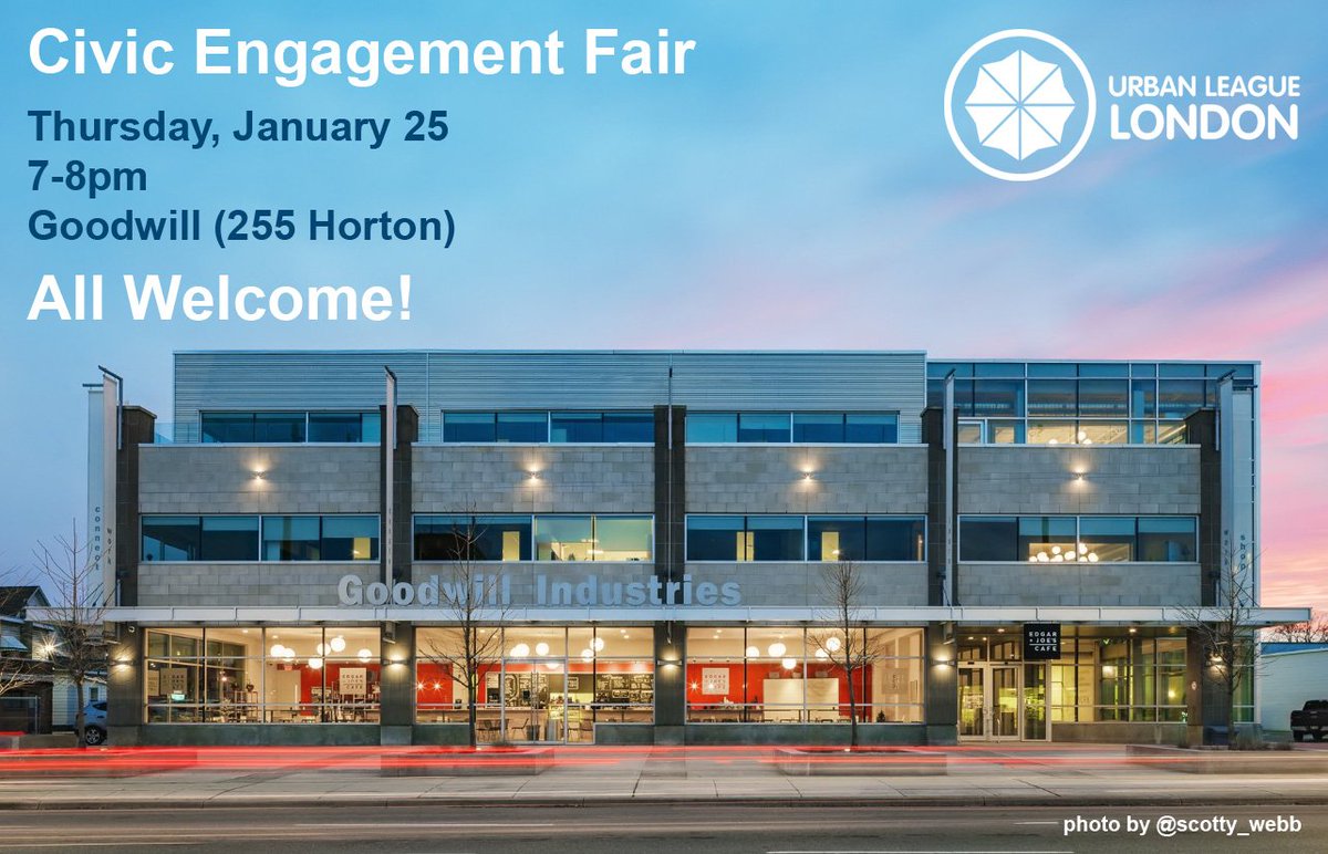 A Civic Engagement Fair! Join us Thurs Jan 25 at 7pm along with <a href="/CityofLdnOnt/">City of London</a> staff at Goodwill (255 Horton). This is your opportunity to meet reps of City departments in a casual setting. All #LdnOnt|ers welcome!