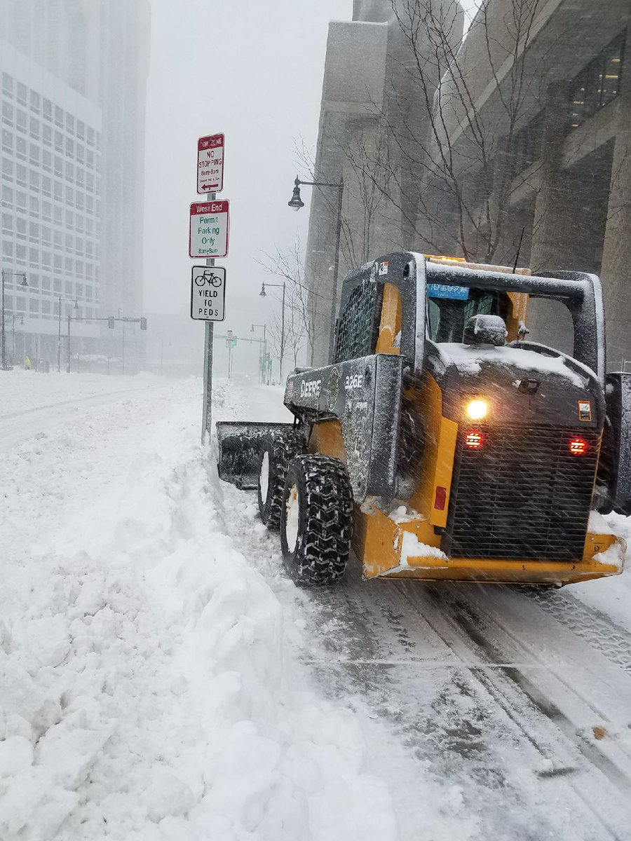BostonPWD's tweet photo. We have equipment out plowing bike lanes on #BostonStreets today. Below, one of our pieces of snow removal equipment cleared out the bike lane on Staniford St earlier this afternoon. https://t.co/60ckmJOywv