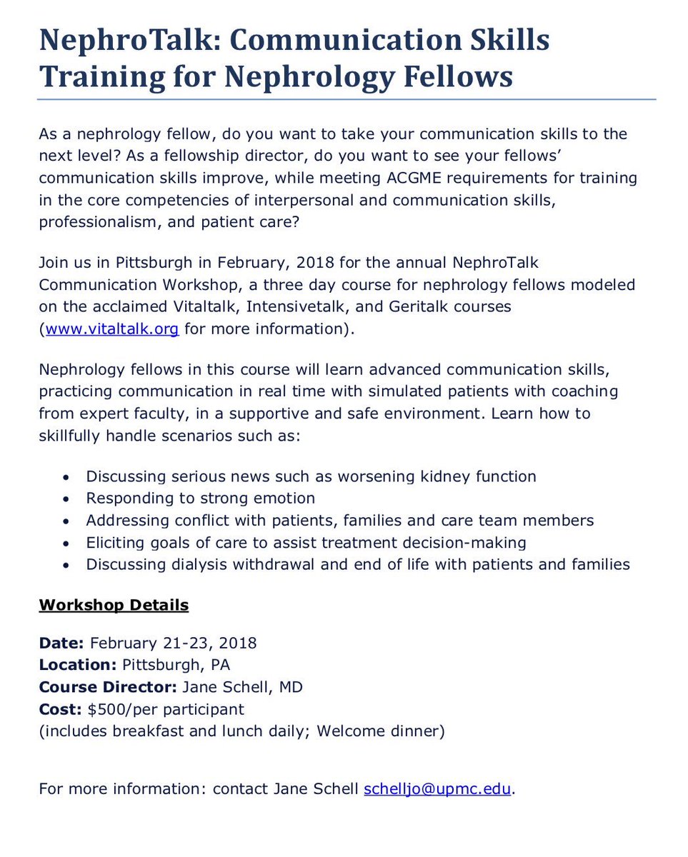 Nephro_Sparks's tweet photo. Great opportunity to enhance your communication skills. I Highly recommend this 2 day workshop developed by good friend and colleague Jane Schell
#NephroTalk: Communication Skills Training for Nephrology Fellows
@PITTRenal February 21-23, ‘18 https://t.co/uPVoYFyeIm