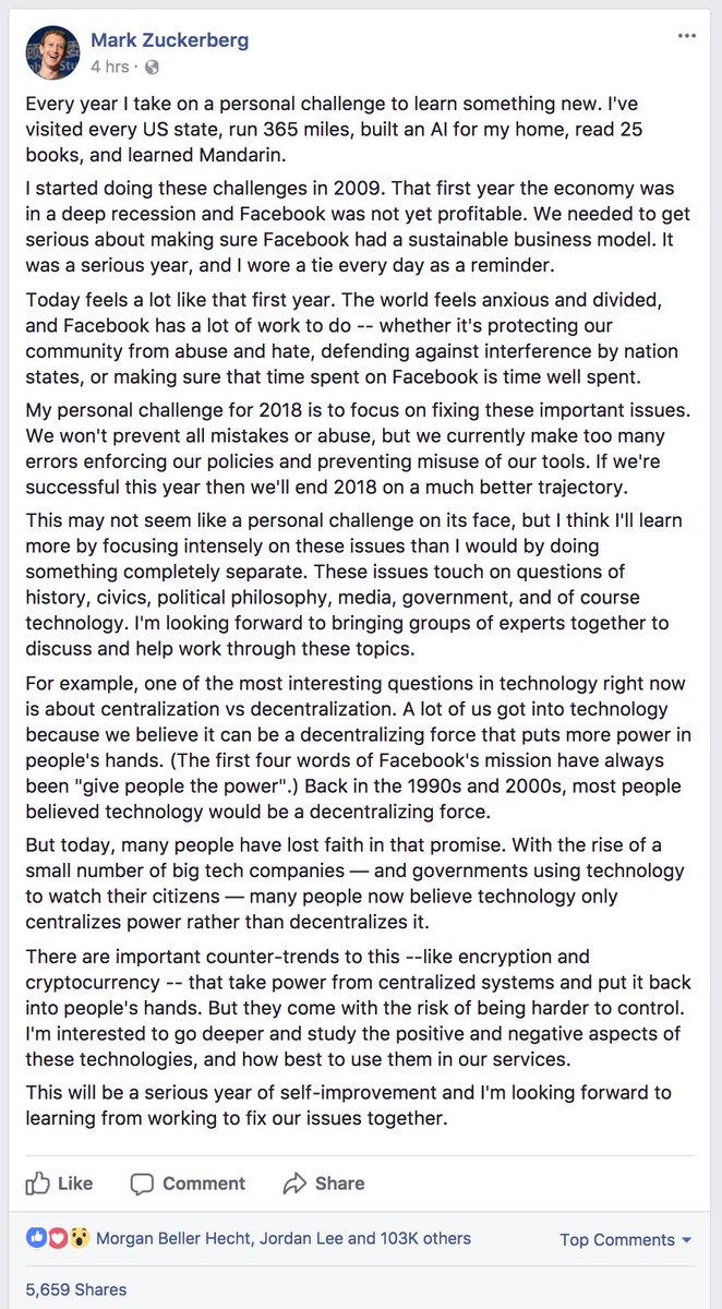 Today Mark Zuckerberg announced the study of cryptocurrency &amp; decentralization &amp; it's applicability to Facebook as his 2018 personal challenge.

2018 is the year the internet giants wake up to the growing cryptocurrency tsunami that can no longer be ignored.