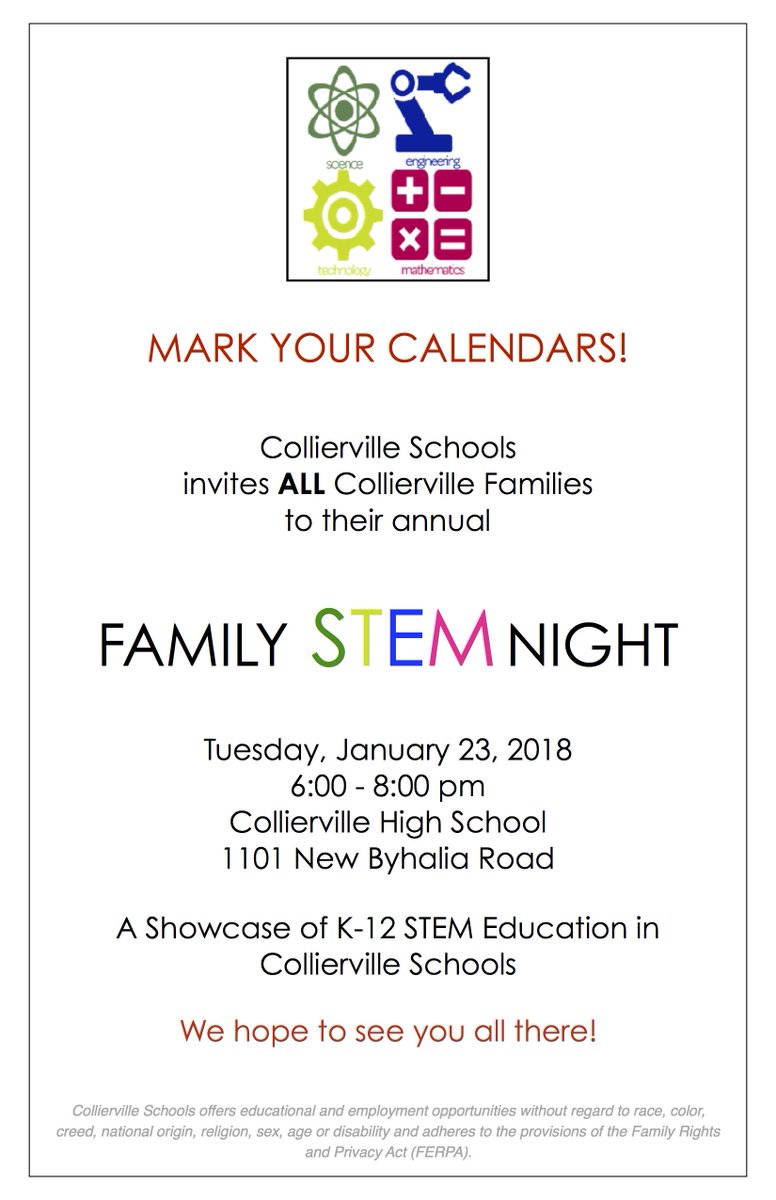 cville_schools's tweet photo. Please join us on January 23rd for our annual Collierville Schools Family STEM Night! https://t.co/a2CWKsbkjC
