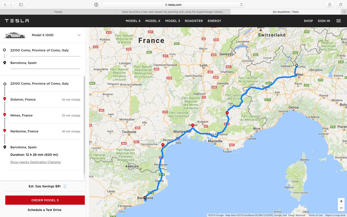 lamiatesla's tweet photo. #Tesla pubblica sul suo sito web il #tripplanning per le sue automobili. Scegli il modello della tua Tesla, la città di partenza, quella di arrivo e ti viene mostrato il tuo viaggio, dove fermarti a ricaricare e quanta benzina risparmi.
Lo trovi qui: https://t.co/aPl5U2gBgd https://t.co/Vp0xgAhfHE