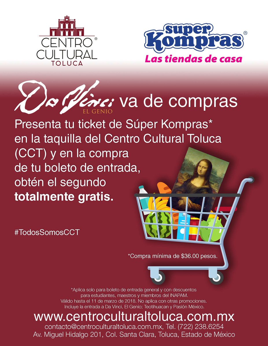 SuperKompras's tweet photo. 😮 Obtén 2x1 en entrada general.

Compra tu boleto de entrada en taquilla del Centro Cultural Toluca y presenta tu ticket de Super Kompras (compra mínima de $36). https://t.co/Rx469WV26K