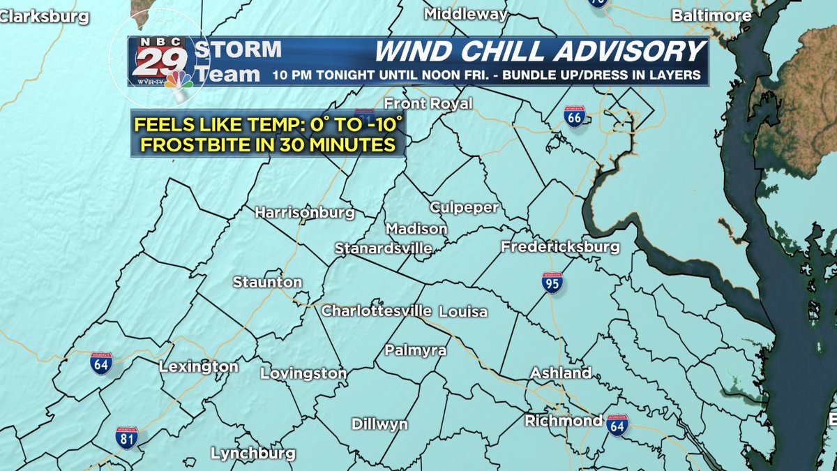 29NewsWVIR's tweet photo. Cold Weather Alert! Wind Chill Advisory tonight into Friday for dangerously low wind chills/feels like temperatures. Bundle up and dress in layers. Your complete outlook at 5, 6, 10 (CW29) and 11 PM. Stay warm everyone! https://t.co/BVUNNEEfqs