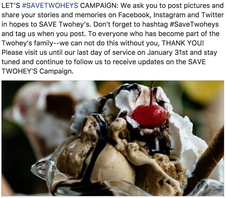 Twoheys's tweet photo. Thank you @LAmag for the shout out! After 75 years in business, we are heartbroken to announce #Twoheys will be closing. Last day of service is on January 31st. With that said, LET’S #SAVETWOHEYS CAMPAIGN. Details attached! https://t.co/Bjil02s6CY