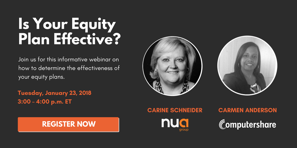 nuagroup's tweet photo. Is Your Equity Plan Effective? Join this informative @Computershare webinar with @carineschneider & learn how to determine the effectiveness of your equity plans, on Jan 23, 2018. Book your FREE spot now! >> https://t.co/abeuDygzah
#equity #equityplan #stockoption #HR https://t.co/4YNtYWuS3E