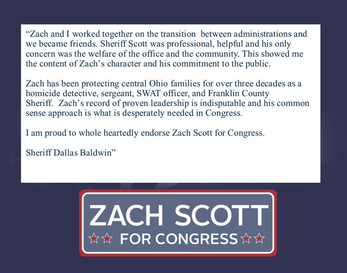 ZachScottOhio's tweet photo. I am proud and honored to receive the endorsement of Franklin County Sheriff Dallas Baldwin for my Congressional race! #BringCommonSensetoCongress https://t.co/a25WBfVurE