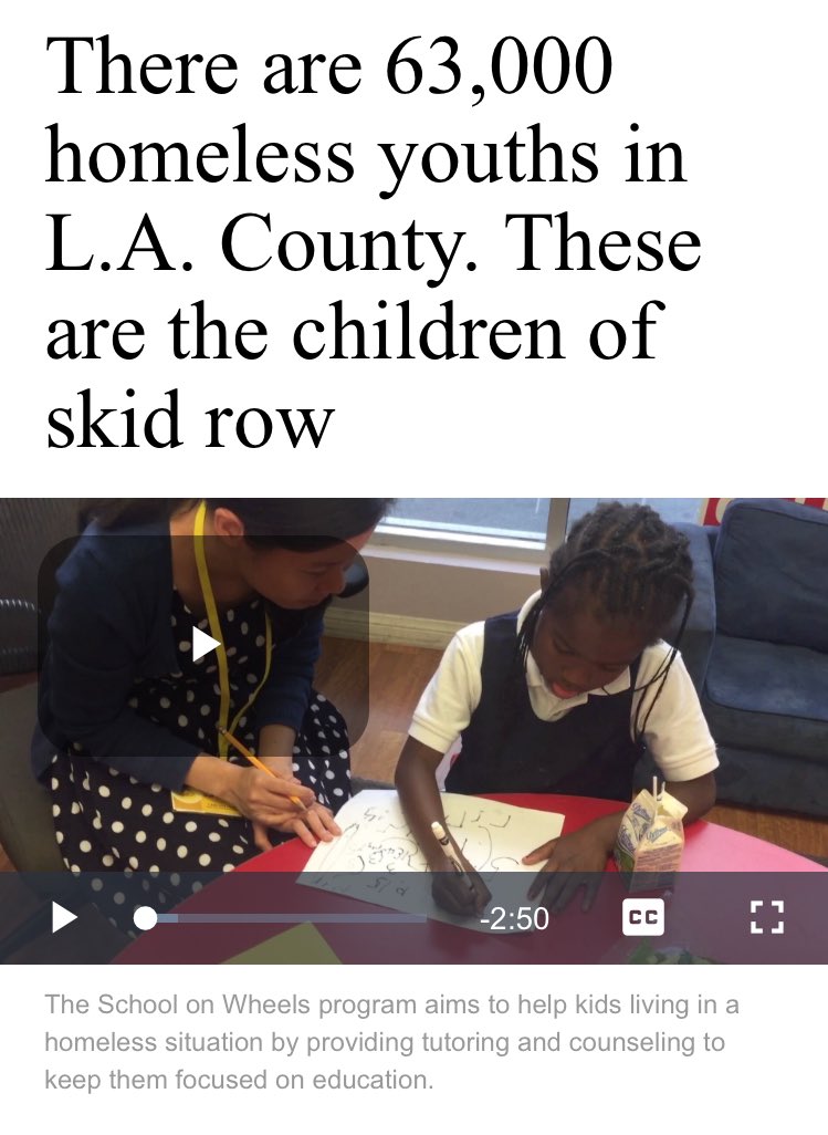 screenshot of news article with the headline “There are 63,000 homeless youth in LA County. These are the children of skid row”