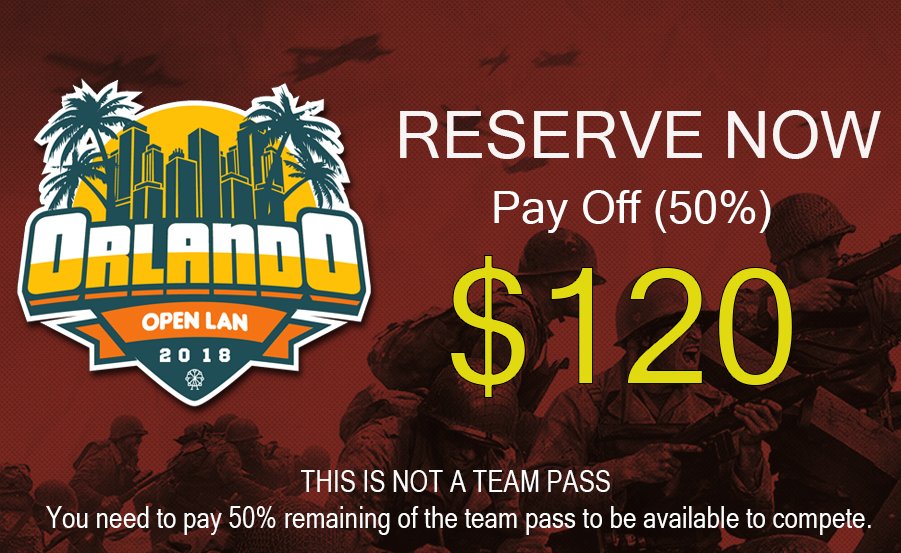 AFDeSports's tweet photo. Reserve now for Orlando Open Lan 4k Feb 10-11 pay off 50% online and the rest at the door. Regular team pass only .

SAVE YOUR SPOT. DON'T MISS THE FIRST EVEN IN ORLANDO, FL.
Only 32 teams will be able to compete. 

https://t.co/J5H2iTSA5V  

#Orlando4k #4v4Variant #CODWWII https://t.co/FphGN5Zsrf