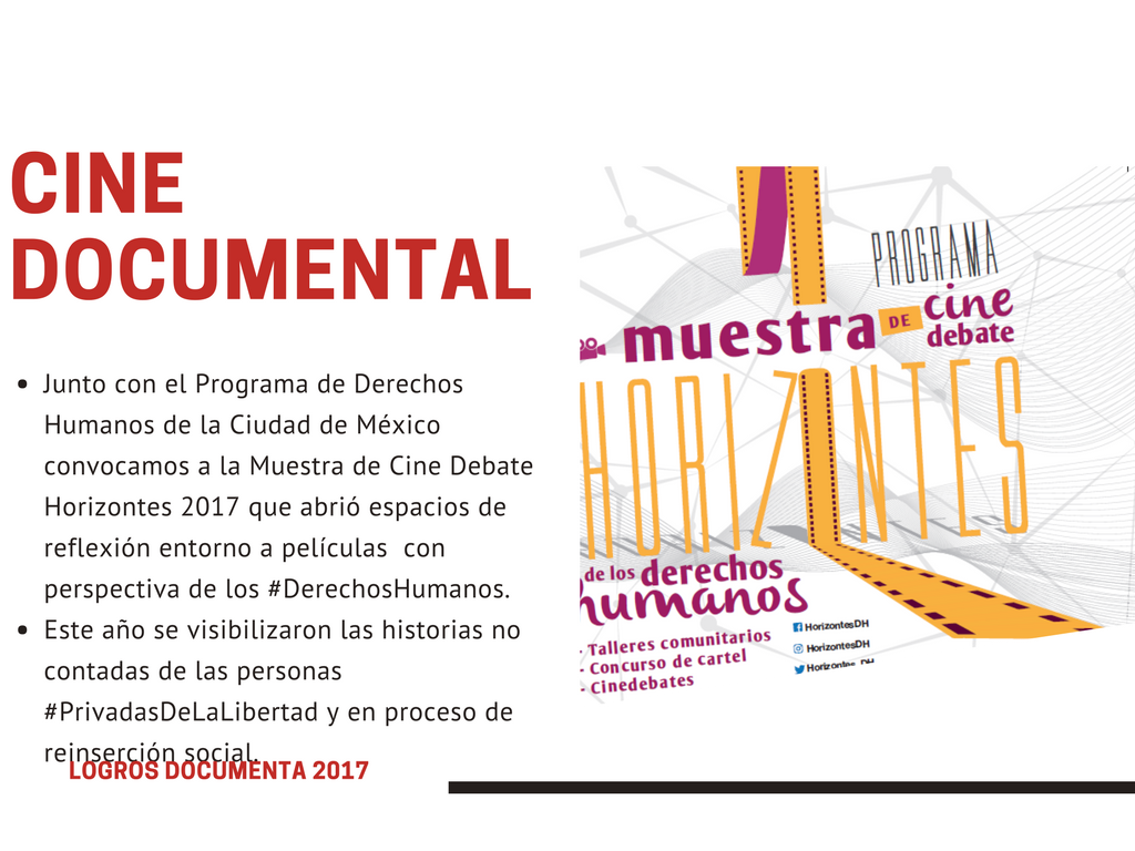 DocumentaAC's tweet photo. Con el @PDHCDMX proyectamos nuestros documentales en la Muestra  @Horizontes_DH para mostrar la vida de quienes se encuentran en cárcel, quienes ya salieron y sus familias. #Logros2017
Ve "Anónimo", uno de los documentales de esta muestra aquí: https://t.co/3PB1lmbEpQ https://t.co/JlAFOsaFMn