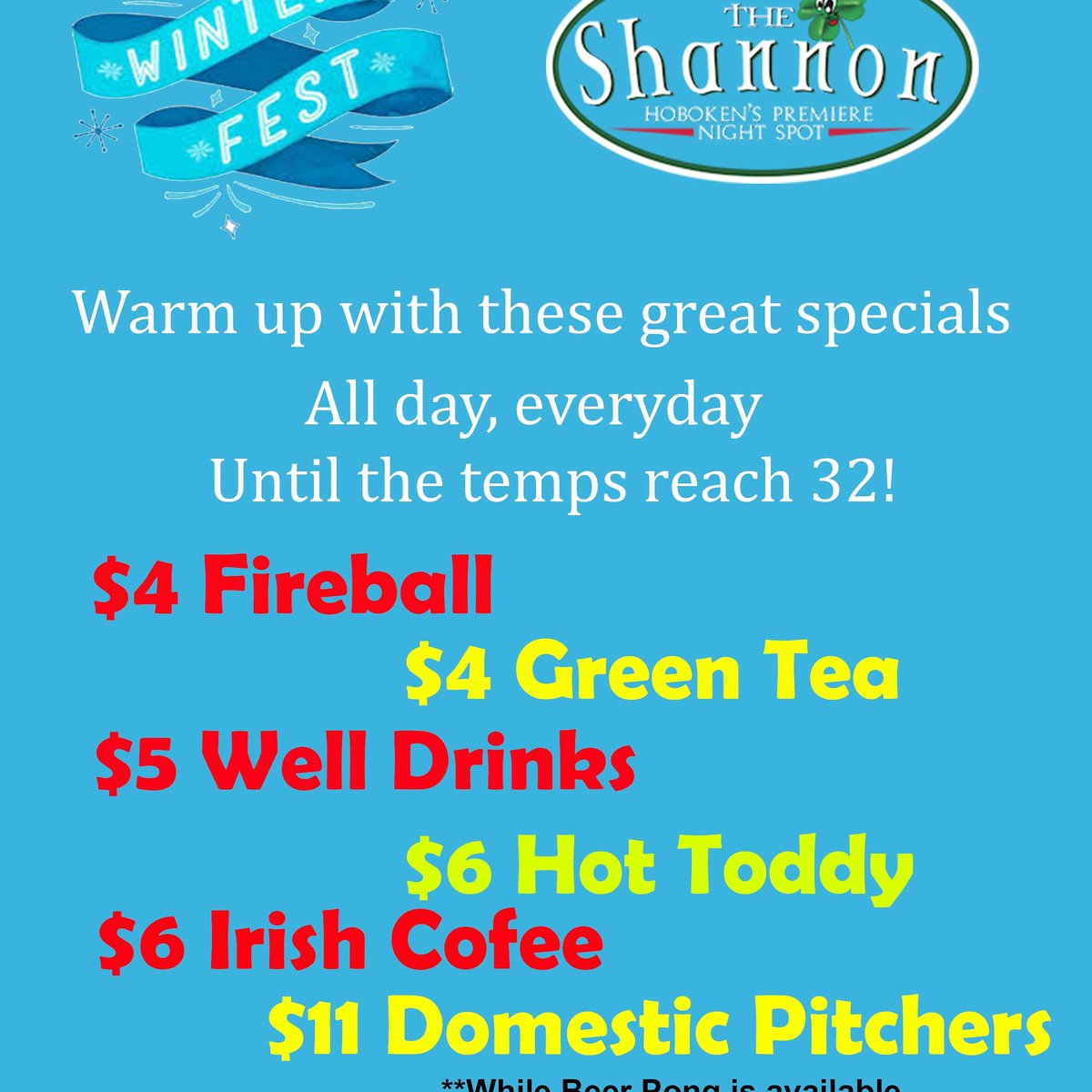 We are open with plenty of games to play and several specials to warm you up!