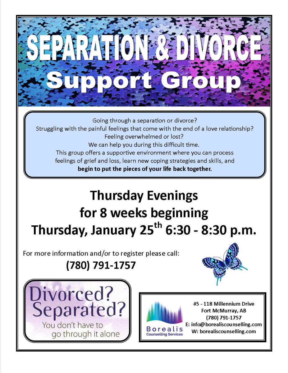 BorealisCounsel's tweet photo. We are planning an 8-week Separation &amp; Divorce Support Group starting January 25th from 6:30-8 pm every week. For more information please check out our Facebook page (https://t.co/sLjc7YikCU) or call at 780-791-1757.
#ymm #ymm2018 https://t.co/ay94WkwLKE