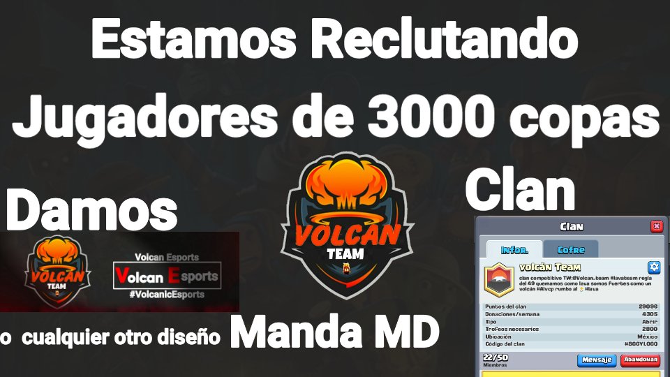 Estámos reclutando gente se preguntarán porque tan pocas personas porque se fueron y se las robaron pero seguimos en pie dispuestos a darlo todo y conserva la gloria y la fuerza del clan únete a @Volcan_Esports y alcanzarás la gloria 🌋