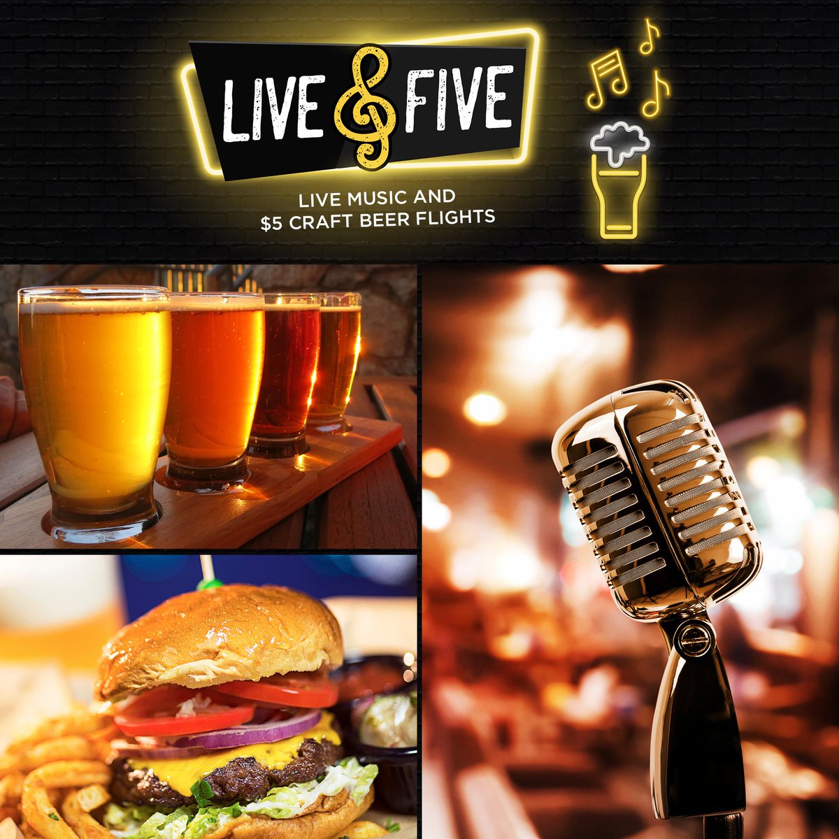 New at The Filament is Thursday's Live &amp; Five!  Grab your friends, and head to The Filament after work to enjoy live music and $5 craft beer flights from 5:30 - 8:30pm.  Tonight's music is brought to you by The Kampfire Kings! #LiveandFive #TheFilament #CraftBeer