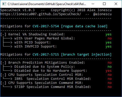 cyb3rops's tweet image. SpecuCheck
Windows utility for checking the state of the software mitigations against CVE-2017-5754 (#Meltdown) &amp;amp; hardware mitigations against CVE-2017-5715 (#Spectre) | by @aionescu #IntelGate
github.com/ionescu007/Spe…