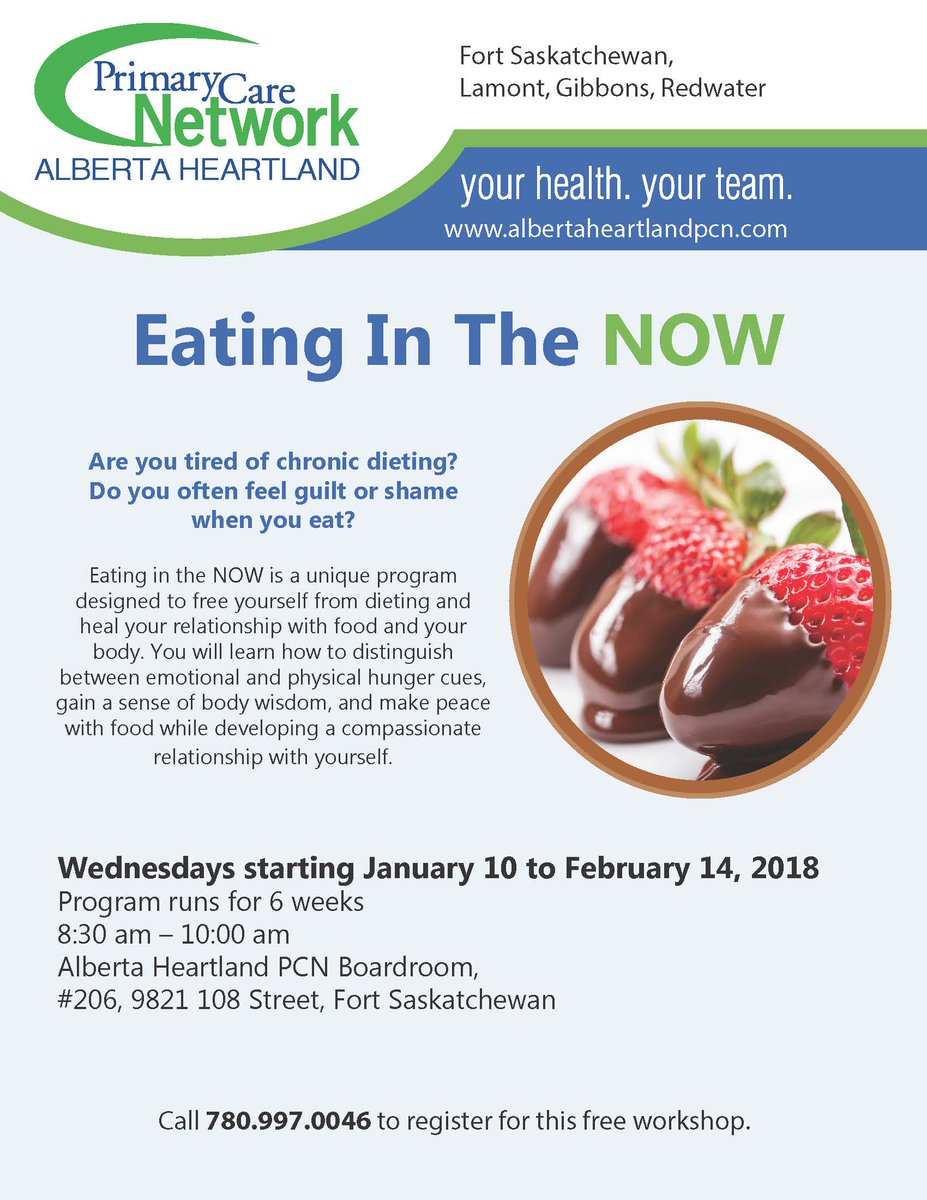 We still have a few spots open for Eating in the Now, a free group workshop series that will teach you the practice of intuitive eating. Program starts Wednesday January 10th.
Call 780.997.0046 for more information or to register!
#fortsask