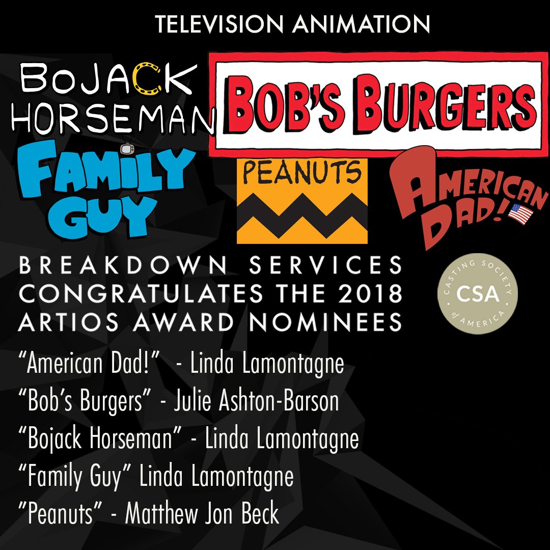 ActorsAccess's tweet photo. Congrats to #TVAnimation @CSAcasting #Artios nominees: #LindaLamontagne, #JulieAshtonBarson, #MatthewJonBeck! CU @Breakdownsvs #ArtiosAwards Nominee Party! https://t.co/uYfjx5YXFY