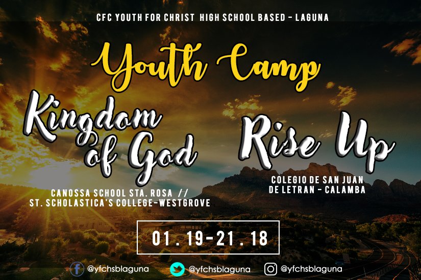 yfchsblaguna's tweet photo. As we say Thank You to 2017! We say Hello to 2018!
Happy New Year everyone! So good to start this year with youth camps of Canossa Sta. Rosa + St. Scho and Letran Calamba! January 19-21, 2017!
Stay tuned for more updates! π
#Lakbay #Lakas #Laban #Hayskul
#HSBrave https://t.co/O6lcrREWr0
