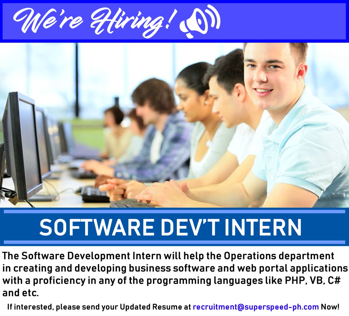 SuperSpeedPH's tweet photo. WE'RE HIRING: We are so much delighted to have you!

We are looking for a Software Development Intern. Build your career with us. Surround yourself with our very own software experts. Join our team today! https://t.co/MTXLXYIqF6 https://t.co/rZyTXGDwJw