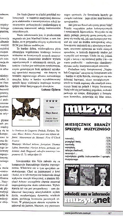 HKozuchowska's tweet photo. Great review of album “Vein plays Ravel” by #MarekRomanski in the newest #JazzForum magazine in PL @Veintrio #colourful #rhythm #fireworks #intelligentplay #MauriceRavel @amisderavel buy: https://t.co/3szuqv2YAx https://t.co/lXnZUKmhng
