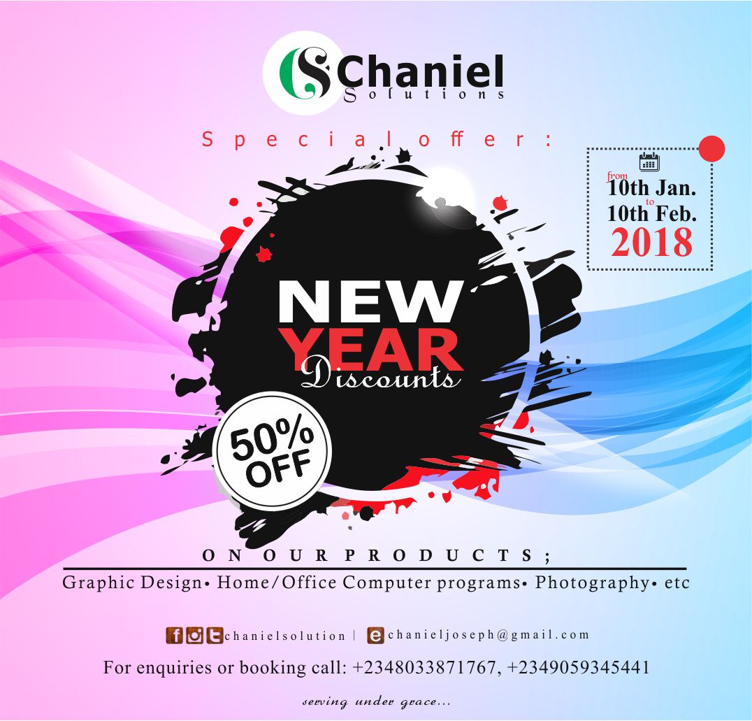 Chanielsolution's tweet photo. Special 50% discount on her products for 1 whole month (10th Jan-10th Feb 2018)
50% Discount on Home/Office Computer Training ✔
50% Discount on Photographic services ✔
50% Discount on Graphic designs✔
etc.
For more info. Call 08033871767 or 09059345441 https://t.co/jbJgyiMbKK