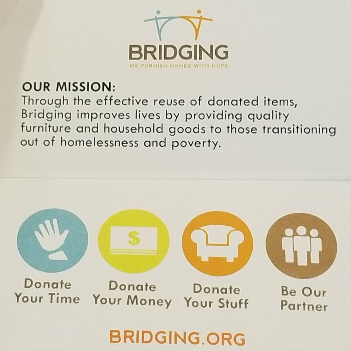 RosemountRotary's tweet image. Bridging is a non-profit organization that provides home furnishings and hope.
*Bridging is in need of floor lamps, queen bedding and blankets, right now.  Used beds and dressers are always needed.